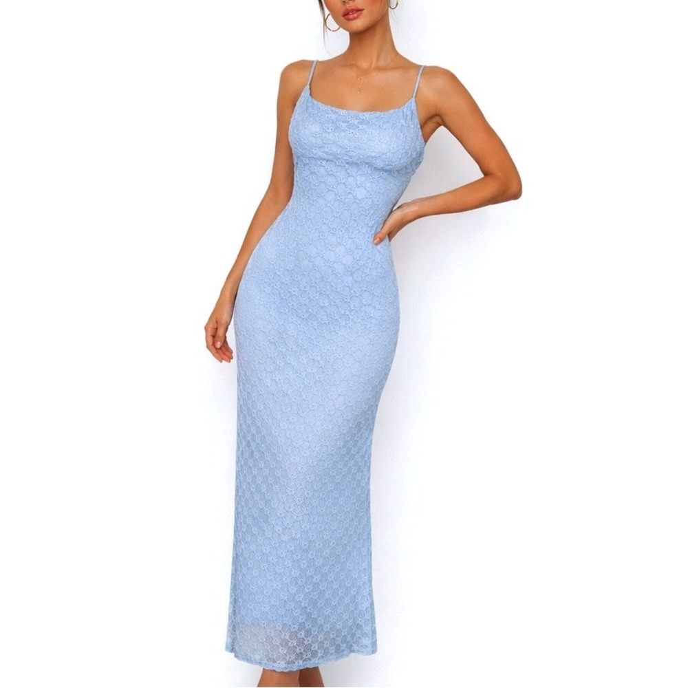 Bardot Midi Dress Women XL US 10 Blue Floral Lace Bodycon Fairycore Romantic Y2K